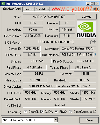 GPU-Z ZOTAC GeForce 9500GT DDR2 512mb 128bit